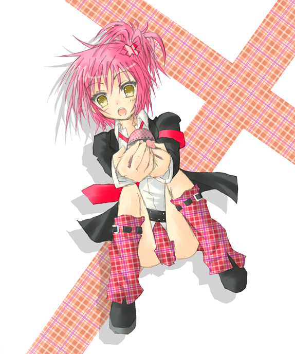 jhonwalker, hinamori amu, shugo chara!, 1girl, :o, armlet, between legs, black jacket, blush, dutch angle, female focus, foreshortening, full body, green eyes, holding, jacket, jewelry, leg warmers, loafers, looking at viewer, open mouth, pink hair, ponytail, shoes, simple background, sitting, solo, white background