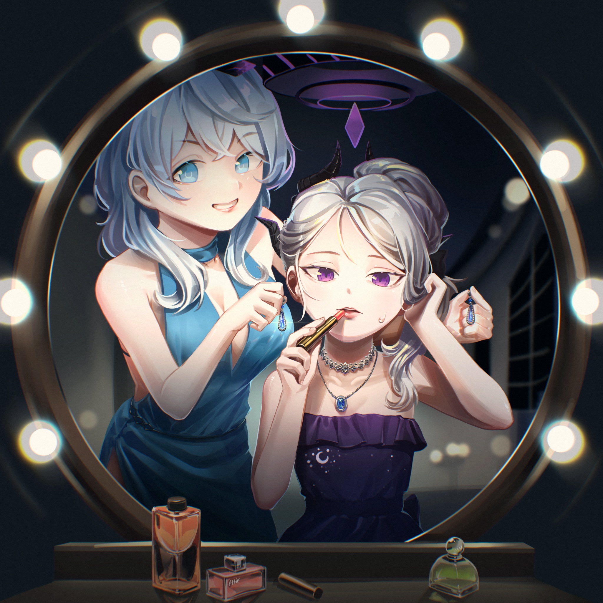 ako (blue archive), ako (dress) (blue archive), hina (blue archive), hina (dress) (blue archive), blue archive, hashtag-only commentary, highres, 2girls, :d, applying makeup, black horns, blue eyes, blue hair, bottle, cosmetics, crescent, demon horns, dress, earrings, halo, hmhandmade1, holding, holding lipstick tube, horns, jewelry, lipstick, lipstick tube, long hair, looking at viewer, makeup, marquee lights, mirror, multiple girls, necklace, open mouth, perfume bottle, purple dress, purple eyes, purple halo, reflection, sleeveless, sleeveless dress, smile, strapless, table, teardrop earrings, upper body, vanity table, white hair
