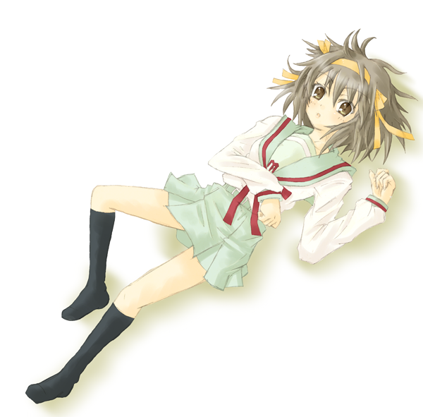 jhonwalker, suzumiya haruhi, suzumiya haruhi no yuuutsu, black legwear, 00s, 1girl, blue skirt, brown eyes, brown hair, female focus, hair ribbon, hairband, kneeling, looking at viewer, ribbon, school uniform, serafuku, shirt, short hair, simple background, skirt, solo, white background, white shirt