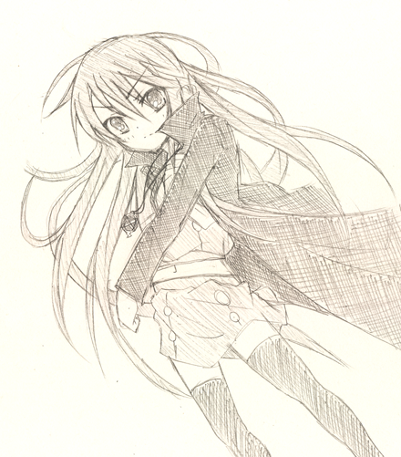 jhonwalker, alastor (shakugan no shana), shana, shakugan no shana, 00s, 1girl, jewelry, monochrome, pendant, sketch, thighhighs