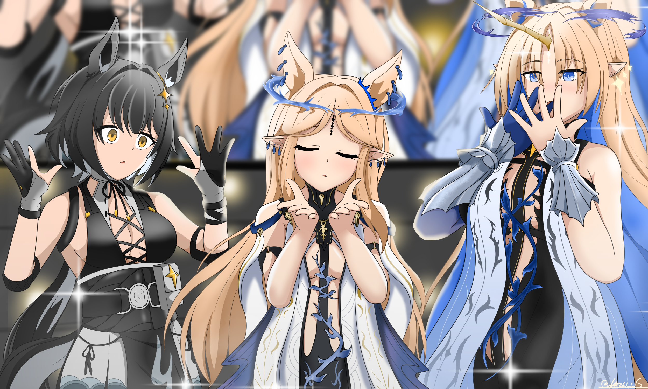 kazuuug, cartethyia (wuthering waves), female rover (wuthering waves), fleurdelys (wuthering waves), rover (wuthering waves), umamusume, wuthering waves, commentary, commission, english commentary, highres, 3girls, animal ears, bare shoulders, black collar, black dress, black gloves, black hair, blonde hair, blowing kiss, blue eyes, blue hair, blurry, blurry background, blush, collar, colored inner hair, covering own mouth, cross-laced clothes, cross-laced dress, crown of thorns, dress, dual persona, earrings, elbow pads, floating earrings, gloves, hair ornament, hands up, horns, horse ears, horse girl, jewelry, kemonomimi mode, long hair, looking at another, multicolored hair, multiple earrings, multiple girls, necklace, parted bangs, parted lips, partially fingerless gloves, pointy ears, sidelocks, signature, single horn, tabard, tacet mark (wuthering waves), umapyoi densetsu, white tabard, yellow eyes, yellow horns