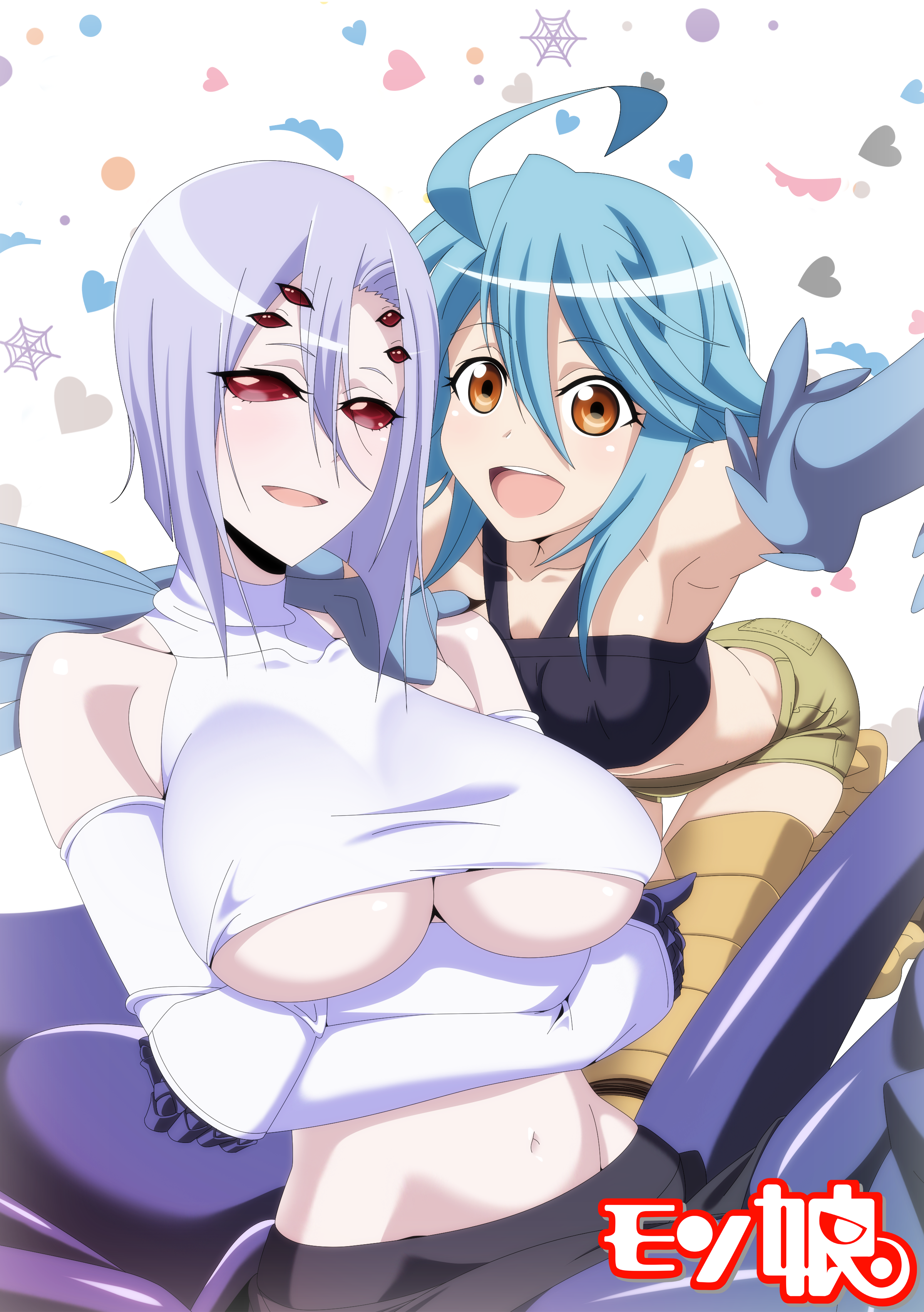 kagiyama (clave), papi (monster musume), rachnera arachnera, monster musume no iru nichijou, absurdres, commentary request, highres, official art, 2girls, :d, ahoge, arachne, arms under breasts, arthropod girl, bare shoulders, blue hair, blue wings, breasts, carapace, detached sleeves, extra eyes, feathered wings, grey hair, hair between eyes, happy, harpy, insect girl, large breasts, looking at viewer, monster girl, multiple girls, open mouth, orange eyes, red eyes, short hair, short shorts, shorts, small breasts, smile, spider girl, taur, underboob, white background, winged arms, wings