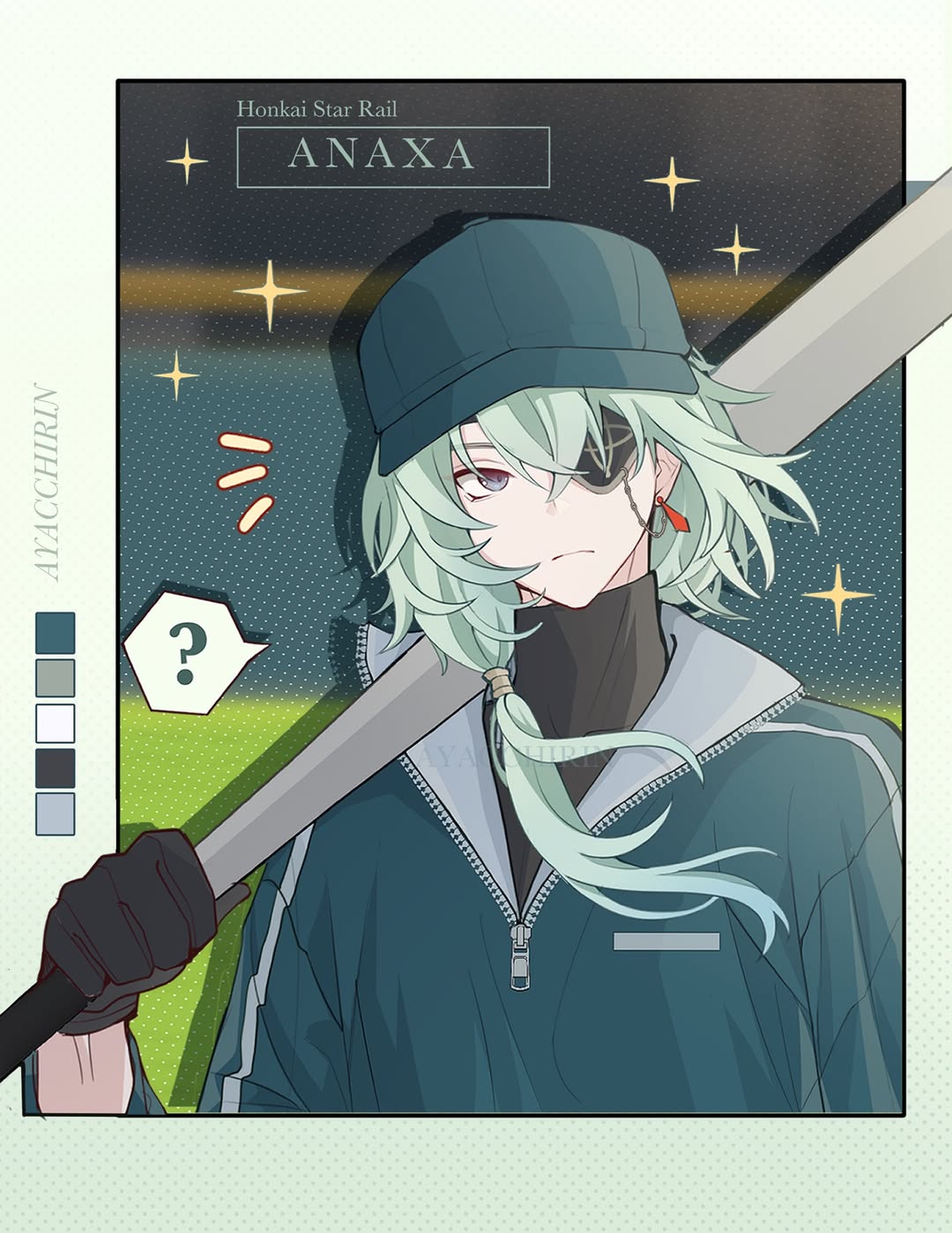 ayacchirin, anaxa (honkai: star rail), honkai: star rail, honkai (series), highres, 1boy, ?, aqua hair, aqua shirt, baseball bat, baseball cap, baseball uniform, black gloves, character name, closed mouth, earrings, eyepatch, gloves, grey eyes, hat, holding, holding baseball bat, jewelry, long hair, long sleeves, male focus, shirt, solo, sportswear, zipper