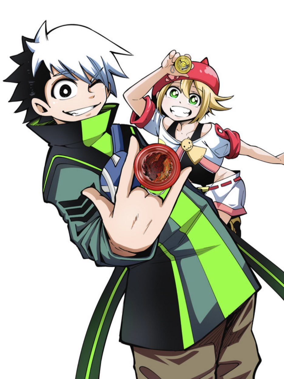 tonton manga, sekai (hyper yoyo accel), wakaba (hyper yoyo accel), hyper yoyo accel, highres, official art, 1boy, 1girl, asymmetrical hair, black eyes, black leotard, blonde hair, boots, brown pants, corocoro comic, green eyes, green jacket, grin, hand up, highleg, highleg leotard, jacket, kneehighs, leotard, leotard under clothes, long sleeves, looking at viewer, multicolored hair, open mouth, pants, revealing clothes, shoes, short hair, short shorts, short sleeves, shorts, sidelocks, smile, smug, socks, spread legs, standing, striped clothes, striped socks, thighs, two-tone hair, v-shaped eyebrows, white hair, wide hips, yo-yo