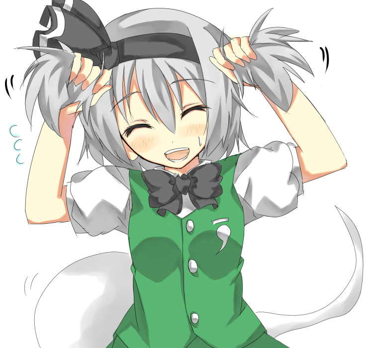 shingetsu takehito, konpaku youmu, konpaku youmu (ghost), azumanga daiou, touhou, 1girl, :d, blush, bunching hair, closed eyes, female focus, hairband, hitodama, open mouth, parody, short hair, smile, solo, sweatdrop, white hair