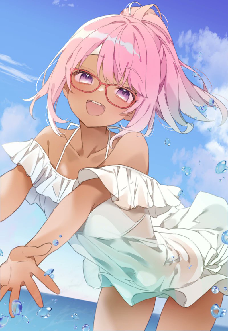 re re merry, original, commission, 1girl, bare shoulders, bikini, bikini under clothes, blush, breasts, collarbone, dark-skinned female, dark skin, dress, glasses, looking at viewer, ocean, open mouth, outdoors, pink hair, purple eyes, see-through clothes, short hair, smile, solo, swimsuit, teeth, upper teeth only, water, water drop, white bikini, white dress