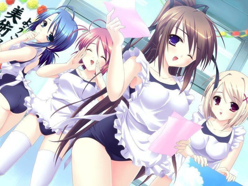 satou satoru, fujimi yukari, hachizuka koharu, hachizuka konatsu, irie mitsuki, tsukushite ageru no ni!, game cg, jpeg artifacts, 4girls, apron, blonde hair, blue hair, brown hair, multiple girls, one-piece swimsuit, red hair, school swimsuit, swimsuit, thighhighs