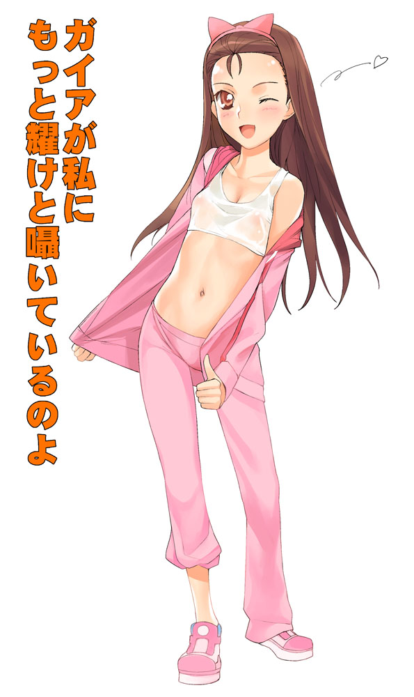 a1 (initial-g), minase iori, idolmaster, idolmaster (classic), idolmaster 1, translated, 00s, 1girl, bra, breasts, brown hair, covered erect nipples, female focus, lingerie, long hair, midriff, no socks, one eye closed, open clothes, open shirt, pajamas, see-through clothes, shirt, shoes, small breasts, sneakers, solo, underwear, wink
