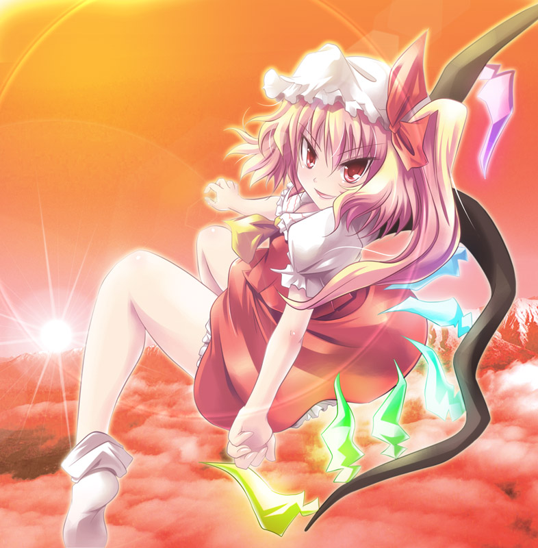 maki (seventh heaven maxion), flandre scarlet, touhou, bad id, bad pixiv id, 1girl, blonde hair, bobby socks, cloud, crystal, female focus, flying, frills, from behind, full body, hat, looking at viewer, looking back, mob cap, puffy short sleeves, puffy sleeves, red eyes, short sleeves, side ponytail, socks, solo, sunlight, sunset, wings