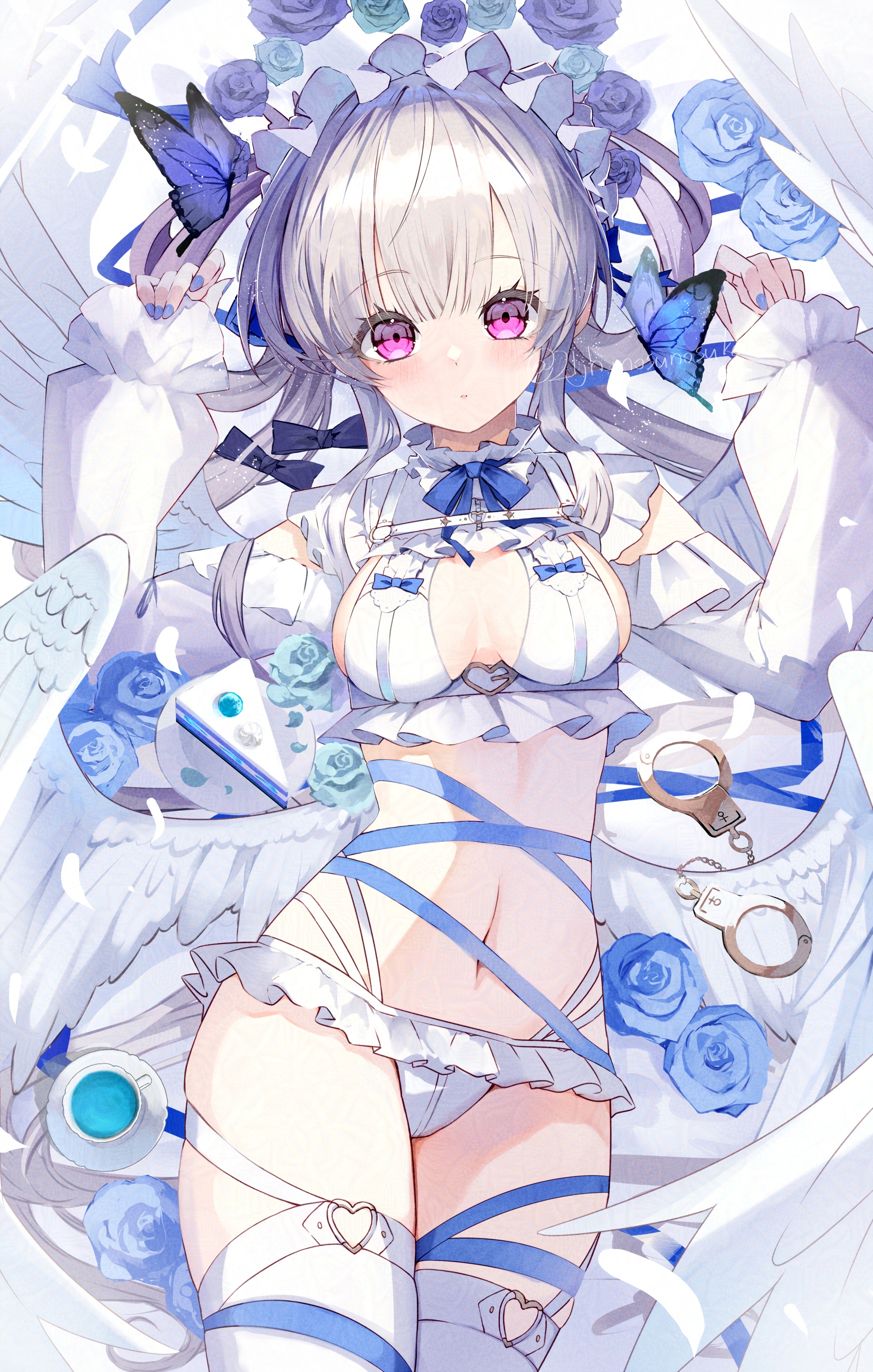 elritta, original, absurdres, highres, 1girl, angel wings, bikini, blue bow, blush, bow, breasts, bug, butterfly, closed mouth, flower, hair between eyes, hair ornament, headdress, insect, long hair, long sleeves, looking at viewer, medium breasts, navel, purple eyes, shrug (clothing), solo, swimsuit, thigh strap, thighhighs, white bikini, white hair, white shrug, white thighhighs, wings