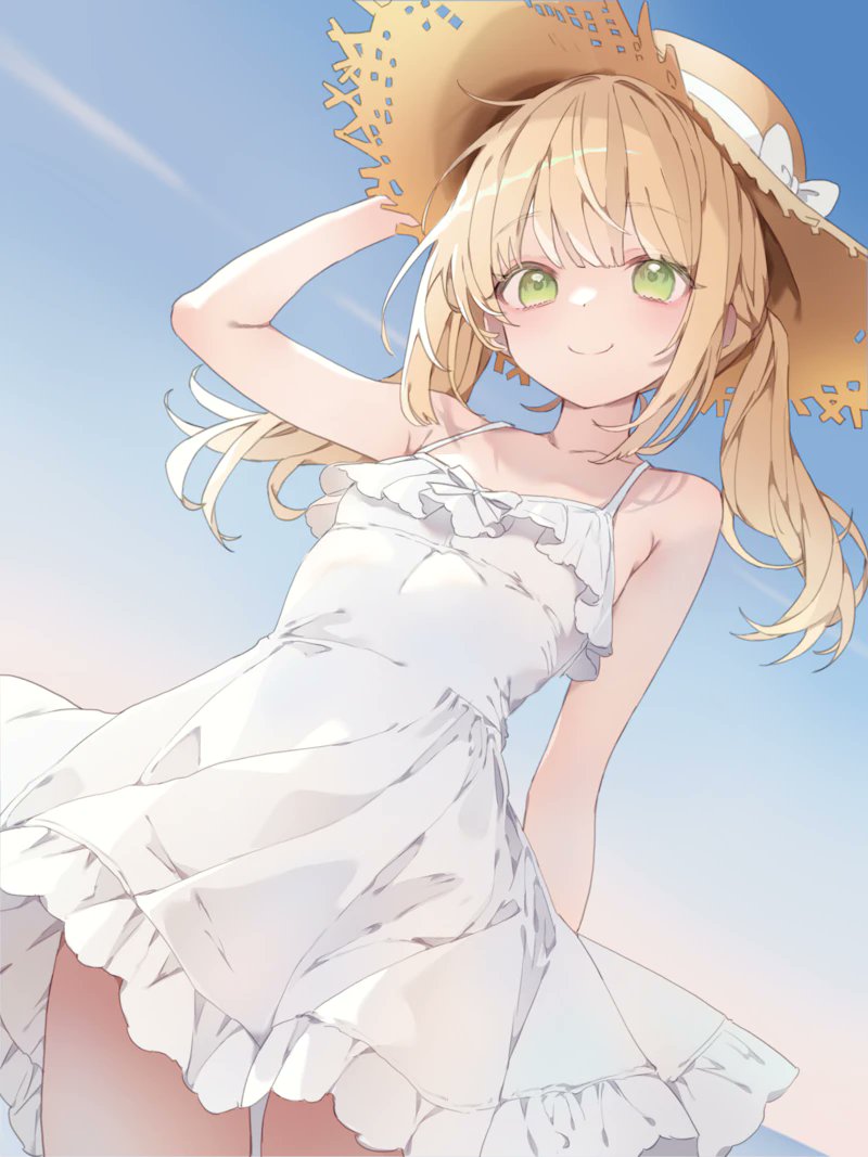 re re merry, original, commission, 1girl, bare shoulders, blonde hair, blue sky, blush, breasts, closed mouth, dress, green eyes, hat, long hair, looking at viewer, outdoors, sky, sleeveless, sleeveless dress, smile, solo, straw hat, sun hat, sundress, twintails, white dress