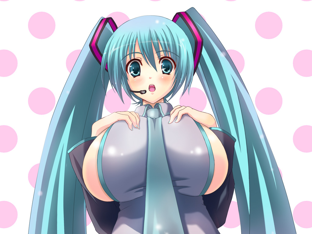 nanakorobi yaoki, hatsune miku, vocaloid, 1girl, alternate breast size (larger), aqua eyes, aqua hair, aqua nails, aqua necktie, blush, breast suppress, breasts, female focus, huge breasts, large breasts, long hair, microphone, nail polish, necktie, open mouth, sideboob, solo, twintails, very long hair