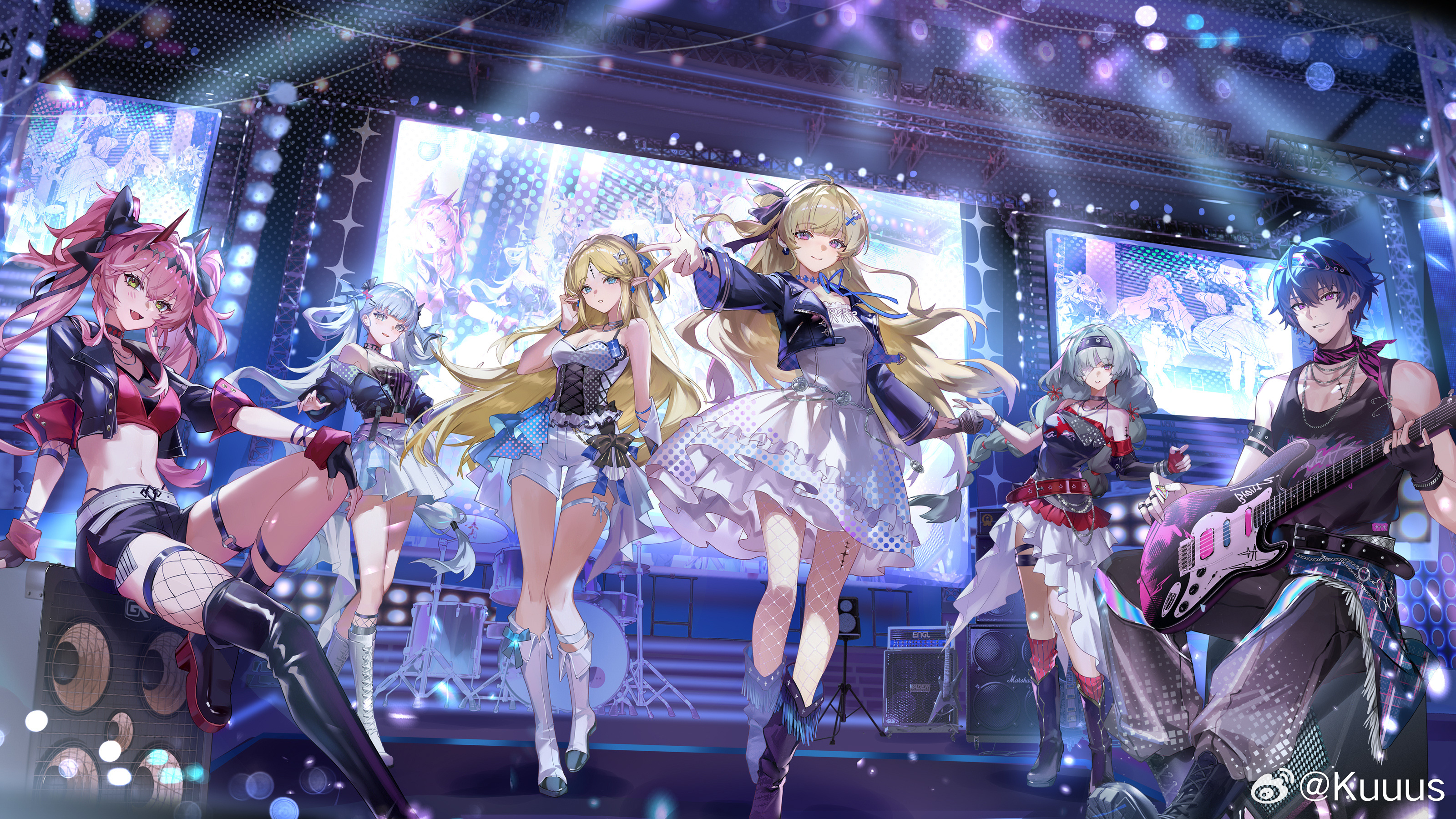 kuuus, brant (wuthering waves), cartethyia (wuthering waves), jinhsi (wuthering waves), lupa (wuthering waves), phoebe (wuthering waves), phrolova (wuthering waves), wuthering waves, absurdres, chinese commentary, commentary request, highres, official art, 1boy, 5girls, asymmetrical legwear, bare shoulders, black boots, black bow, black choker, black gloves, black jacket, black shirt, blue bow, blue hair, boots, bow, braid, breasts, choker, cleavage, cropped jacket, dress, electric guitar, fender stratocaster, fingerless gloves, gloves, grey hair, guitar, hair between eyes, hair bow, hair rings, hand up, holding, holding instrument, holding microphone, holding plectrum, instrument, jacket, logo, long hair, looking at viewer, low twin braids, medium breasts, microphone, midriff, multiple girls, navel, o-ring, o-ring thigh strap, official alternate costume, open mouth, outstretched arms, parted bangs, pink hair, plectrum, pointy ears, purple eyes, shirt, short hair, shorts, single thigh boot, sitting, skirt, smile, stomach, tacet mark (wuthering waves), thigh boots, thigh strap, thighs, toned, toned male, twin braids, twintails, uneven legwear, white boots, white dress, white hair, white shorts, white skirt, yellow eyes