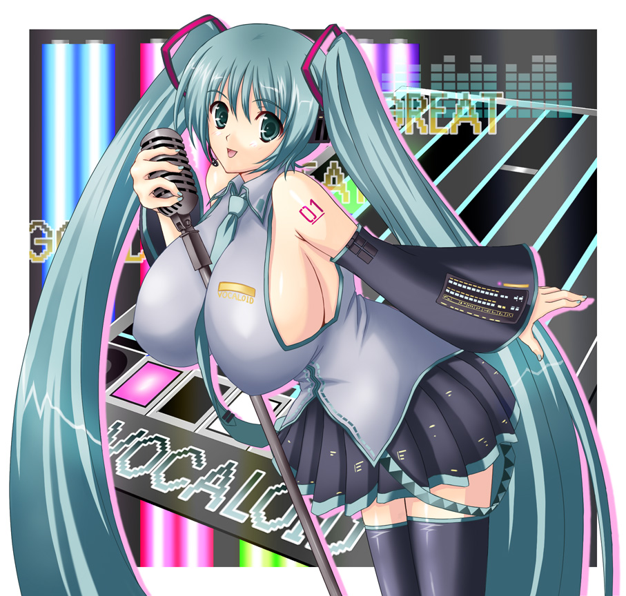 nanakorobi yaoki, hatsune miku, vocaloid, 1girl, alternate breast size (larger), aqua eyes, aqua hair, aqua nails, armpits, bare shoulders, between breasts, breasts, detached sleeves, female focus, huge breasts, large breasts, leaning forward, long hair, microphone, microphone stand, nail polish, pixels, sideboob, skirt, smile, solo, tattoo, thighhighs, twintails, very long hair, zettai ryouiki