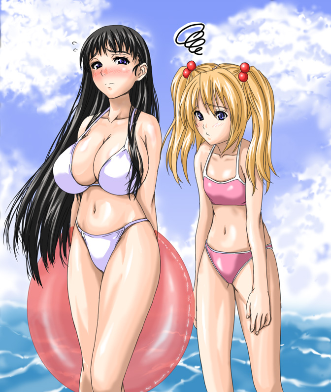 nanakorobi yaoki, original, 2girls, beach, bikini, black hair, blonde hair, blue eyes, blush, breast envy, breasts, cleavage, day, flat chest, hair bobbles, hair ornament, huge breasts, innertube, long hair, looking at breasts, multiple girls, ocean, outdoors, swim ring, swimsuit, twintails, water