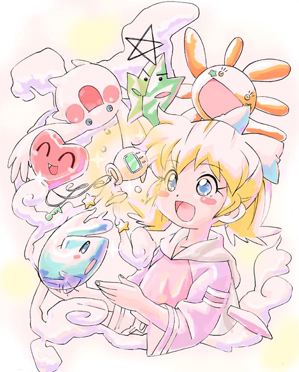 neibii, gurim (fun fun pharmacy), larue (fun fun pharmacy), pinchi (fun fun pharmacy), pinchi (fushigi mahou fun fun pharmacy), popuri, popuri (fushigi mahou fun fun pharmacy), rikku (fun fun pharmacy), shibu (fun fun pharmacy), fushigi mahou fun fun pharmacy, 1990s (style), 1girl, :d, ^ ^, blonde hair, blue eyes, blush stickers, bow, closed eyes, fang, flat chest, floating, from side, glowing, hair bow, heart, hexagram, hood, hoodie, jewelry, key, long sleeves, necklace, open mouth, outstretched hand, rabbit, raglan sleeves, short hair, smile, smoke, sparkle, star (symbol), sun, twintails, upper body, wide sleeves