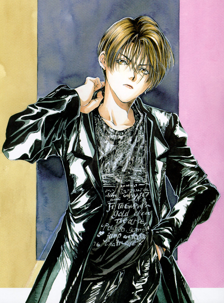 yuki kaori, mudou setsuna, angel cage, angel sanctuary, artbook, highres, 1boy, blonde hair, coat, earrings, hand in pocket, jewelry, leather, male focus, short hair, solo, yellow eyes