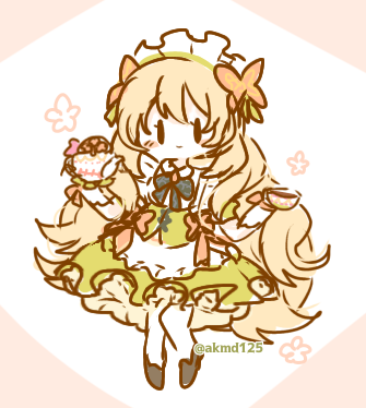 akmd125, celine (blissful tea party) (fire emblem), celine (fire emblem), fire emblem, fire emblem engage, fire emblem heroes, nintendo, lowres, 1girl, apron, black bow, black bowtie, bow, bowtie, butterfly hair ornament, cup, dress, dress bow, green dress, green ribbon, hair ornament, headdress, holding, holding teapot, maid, maid apron, maid headdress, official alternate costume, ribbon, teacup, teapot, yellow dress