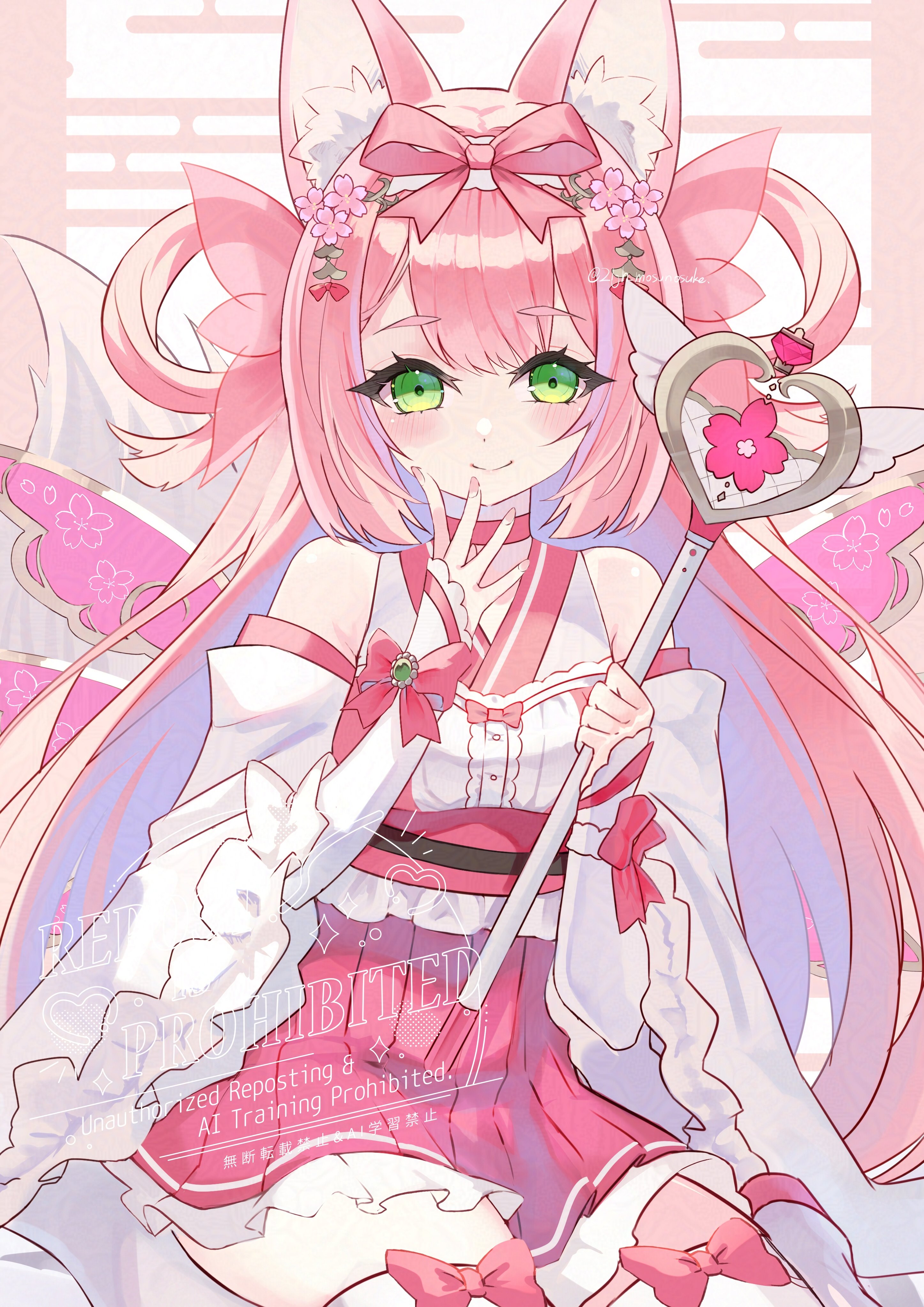elritta, original, absurdres, character request, commission, highres, skeb commission, 1girl, animal ear fluff, animal ears, bare shoulders, blush, bow, breasts, closed mouth, dress, flower, green eyes, hair between eyes, hair bow, hair flower, hair ornament, hair rings, holding, holding wand, long hair, long sleeves, looking at viewer, magical girl, pink bow, pink dress, pink hair, smile, solo, thighhighs, wand, white dress, white thighhighs