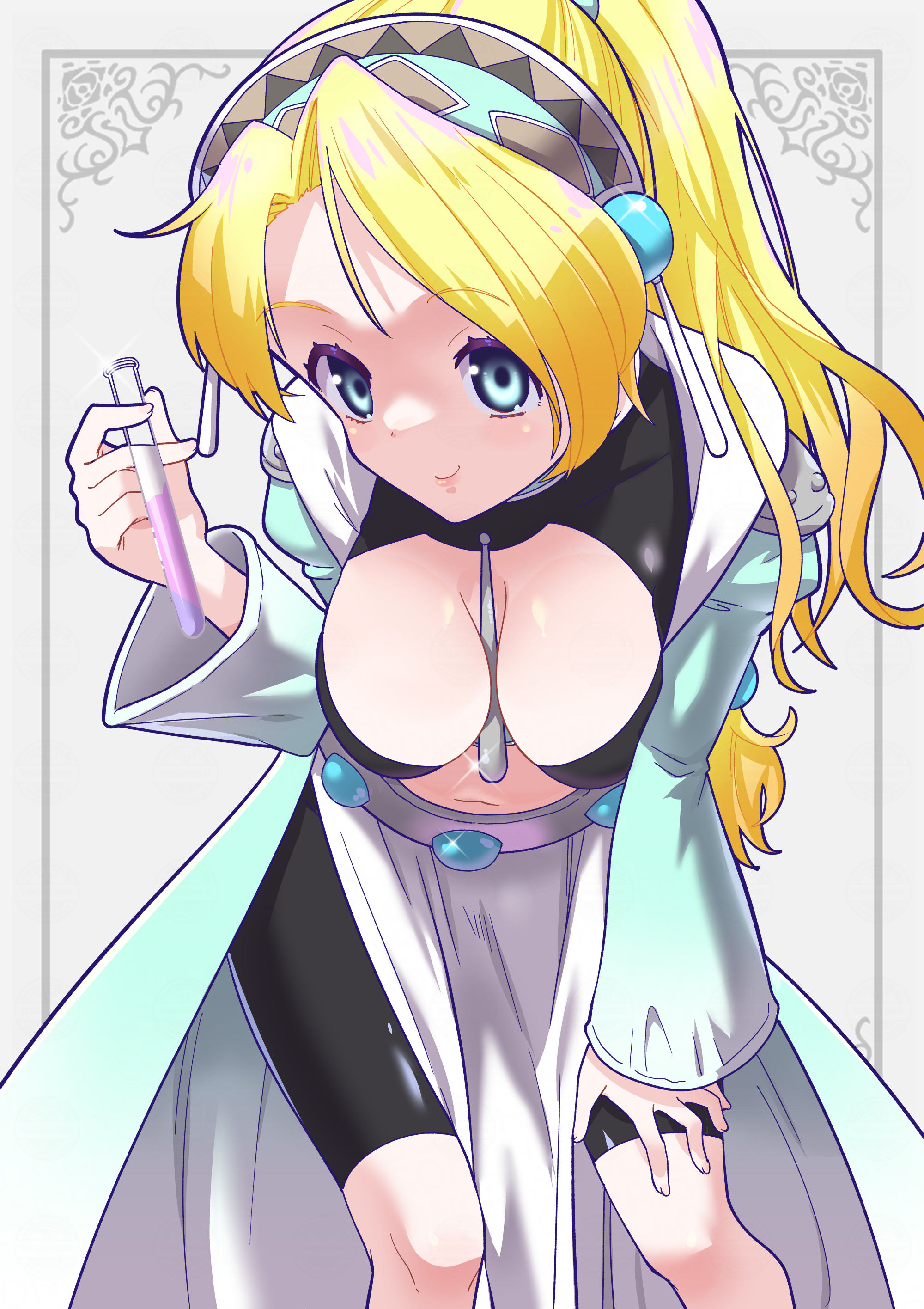 toku sonchou, marlone, atelier (series), atelier marie, absurdres, highres, 1girl, blonde hair, blue eyes, breasts, closed mouth, crop top, hair ornament, hanging breasts, holding, jewelry, long hair, long sleeves, looking at viewer, low-tied long hair, medium breasts, midriff, navel, smile, solo, sphere hair ornament, standing, vial