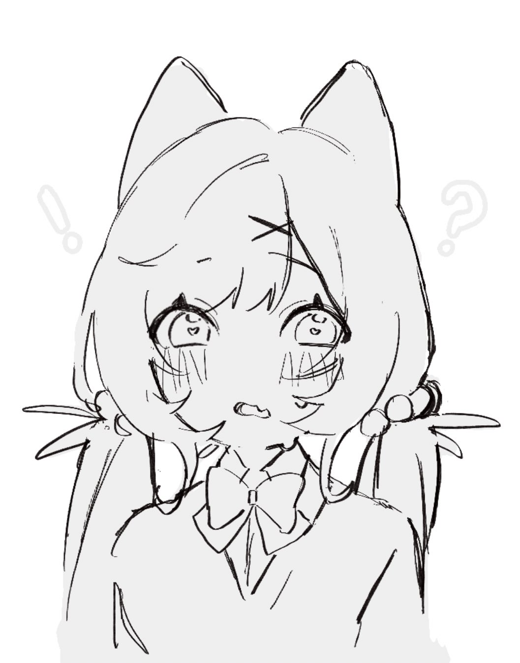 mikuron 0, original, highres, !, 1girl, ?, animal ears, blush, bow, bowtie, cat ears, collared shirt, fang, greyscale, hair bobbles, hair ornament, heart, heart-shaped pupils, long hair, looking at viewer, low twintails, monochrome, open mouth, shirt, simple background, sketch, skin fang, solo, symbol-shaped pupils, twintails, upper body, white background, x hair ornament