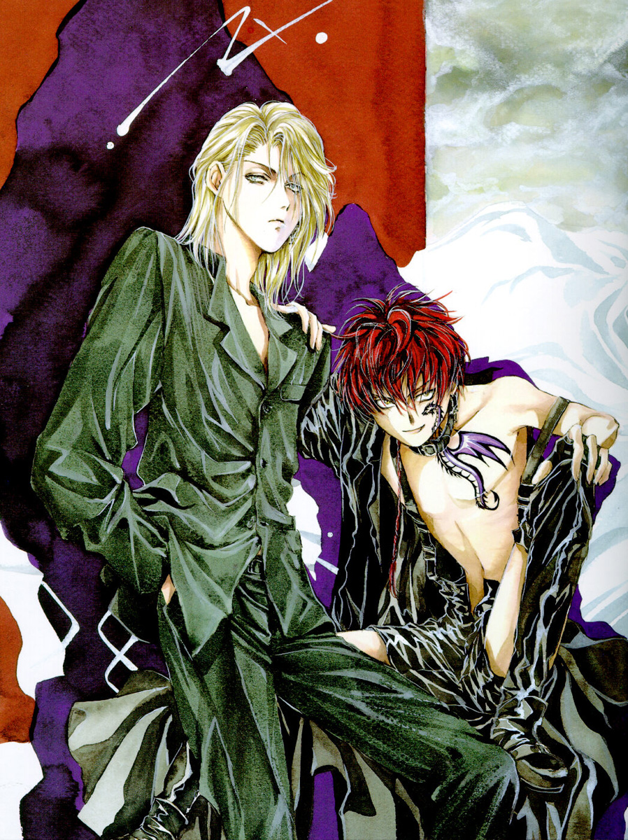 yuki kaori, michael (angel sanctuary), michael (character), raphael (angel sanctuary), raphael (tmnt), angel cage, angel sanctuary, artbook, highres, official art, scan, 2boys, angel, black thighhighs, blonde hair, boots, collar, dragon, fingerless gloves, frown, gloves, hand in pocket, leather, male focus, multiple boys, open fly, red hair, short hair, shorts, sitting, smile, spiked hair, spread legs, standing, strap slip, suspenders, tattoo, thigh boots, thighhighs, topless male, unzipped