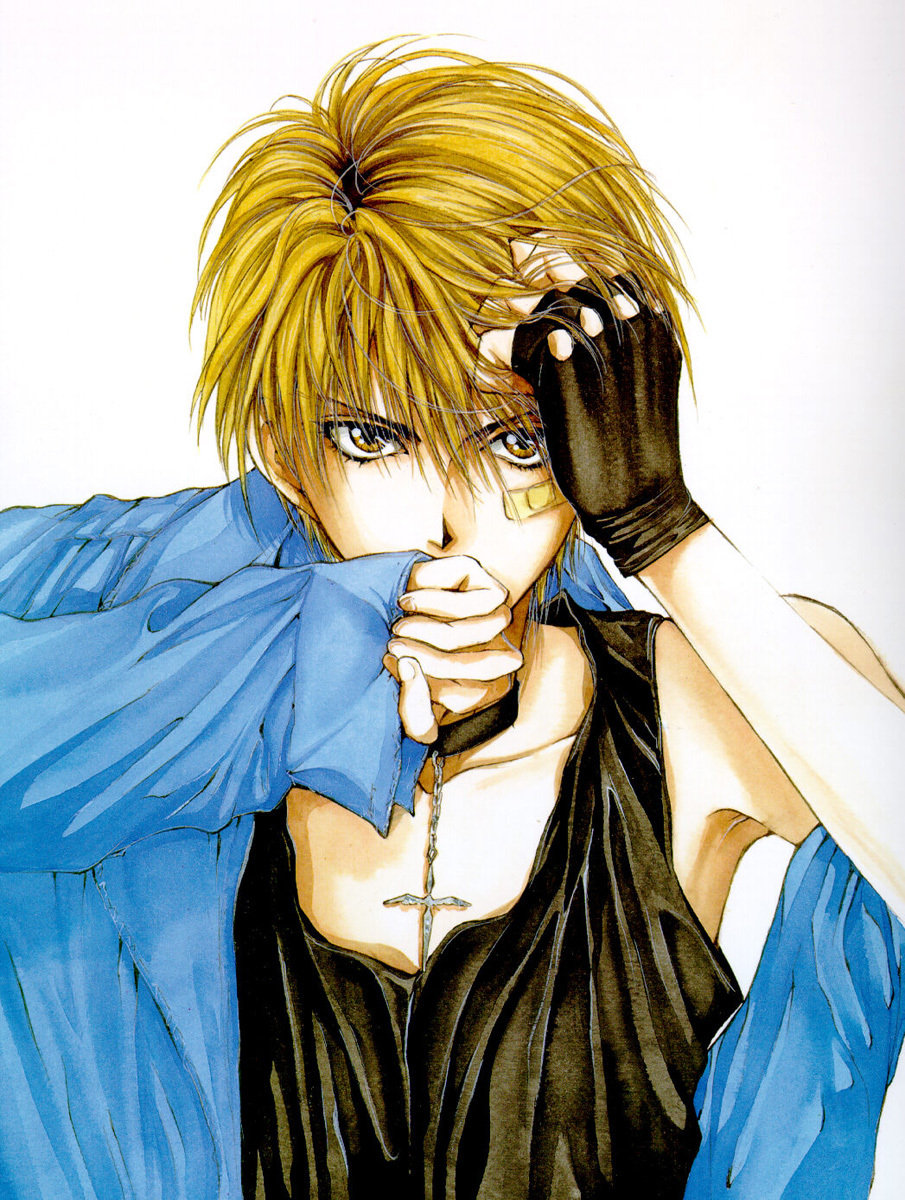 yuki kaori, mudou setsuna, angel cage, angel sanctuary, artbook, highres, 1boy, bandaid, bandaid on face, black gloves, blonde hair, choker, cross, fingerless gloves, gloves, male focus, short hair, single glove, solo, tank top, upper body, yellow eyes