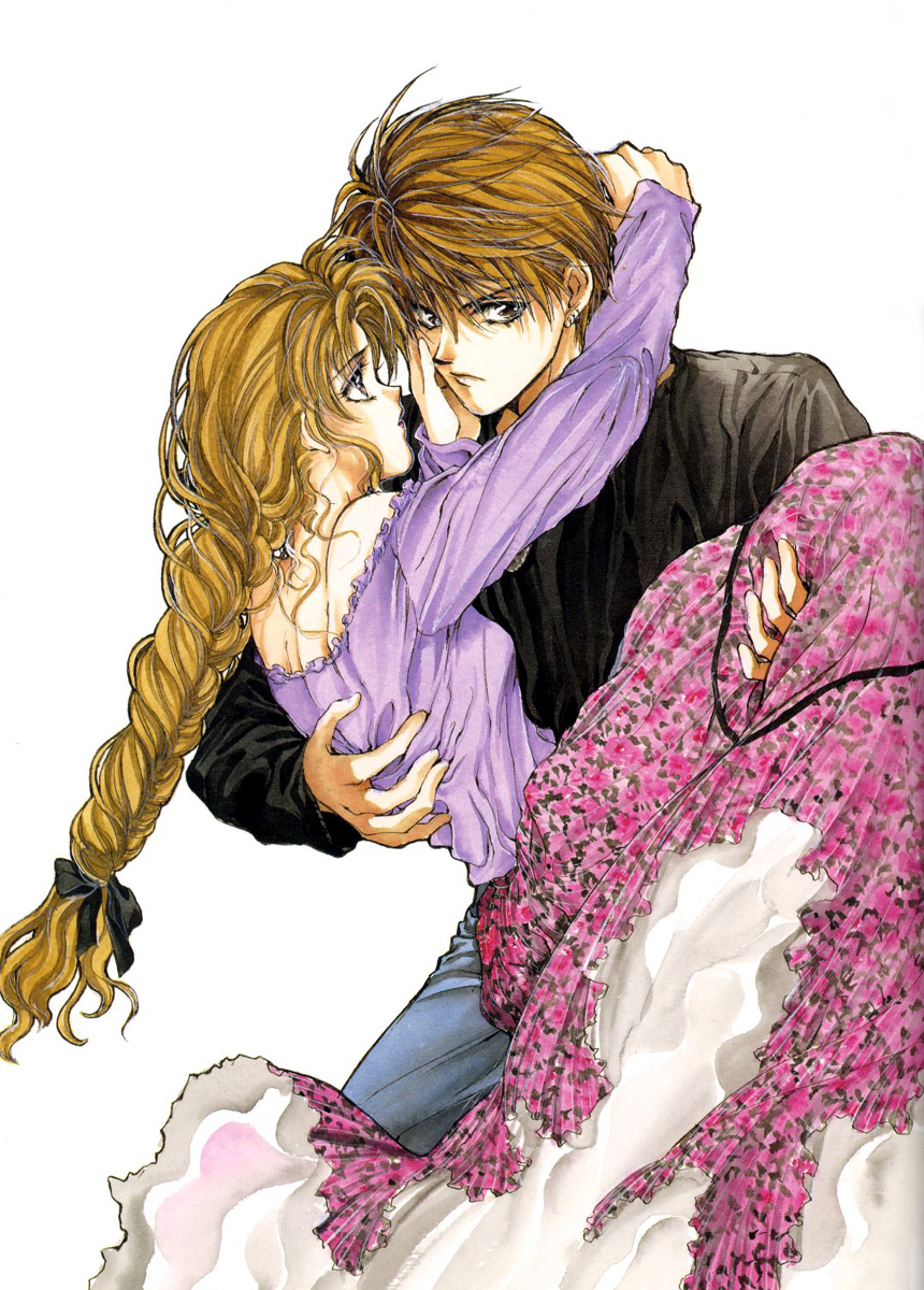 yuki kaori, mudou sara, mudou setsuna, angel cage, angel sanctuary, artbook, highres, 1boy, 1girl, bare shoulders, blonde hair, blouse, bow, braid, brother and sister, carrying, couple, earrings, hair bow, hetero, incest, jewelry, long hair, looking at another, princess carry, shirt, short hair, siblings, single braid, skirt
