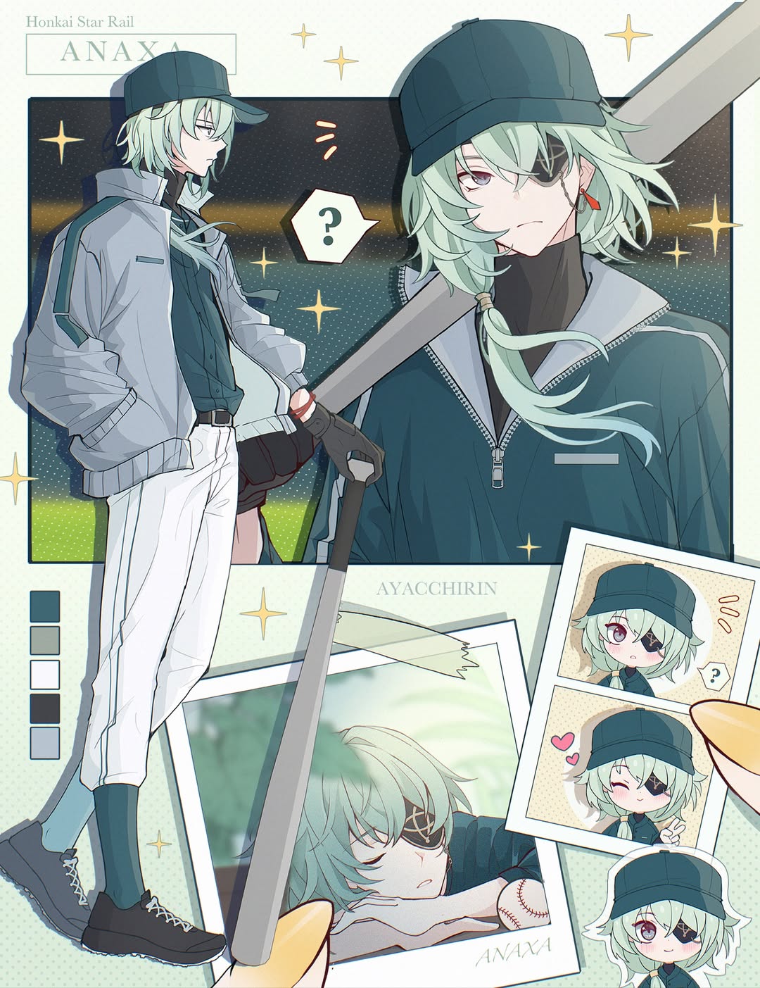 ayacchirin, anaxa (honkai: star rail), honkai: star rail, honkai (series), highres, 1boy, ?, aqua hair, aqua shirt, baseball bat, baseball cap, baseball uniform, belt, black gloves, black shoes, character name, chibi, closed eyes, closed mouth, earrings, eyepatch, gloves, grey eyes, grey jacket, hat, holding, holding baseball bat, jacket, jewelry, long hair, long sleeves, male focus, multiple views, pants, shirt, shoes, sneakers, sportswear, white pants, zipper