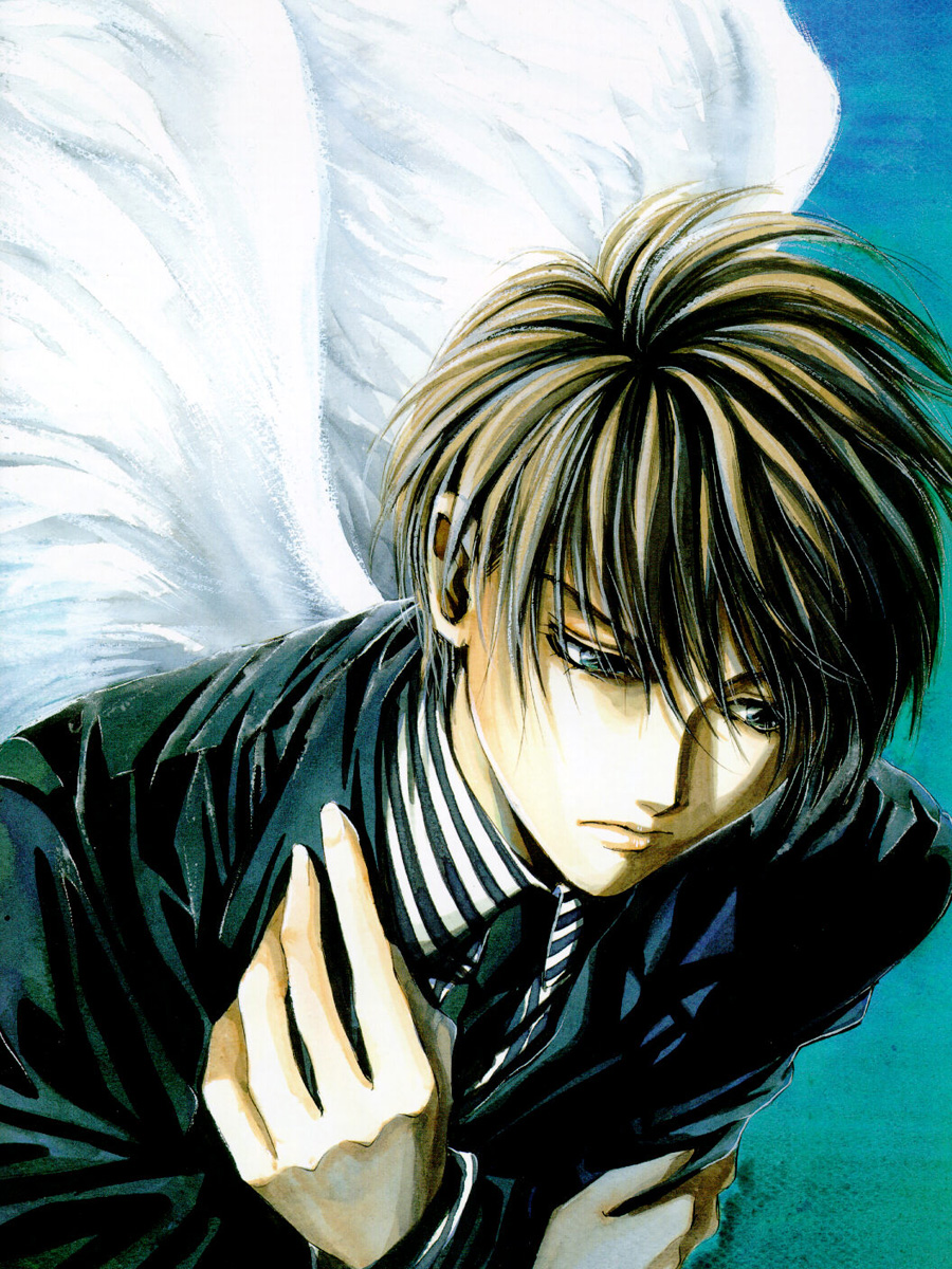 yuki kaori, mudou setsuna, angel cage, angel sanctuary, artbook, highres, 1boy, angel wings, blonde hair, formal clothes, gradient background, male focus, necktie, solo, suit, upper body, wings