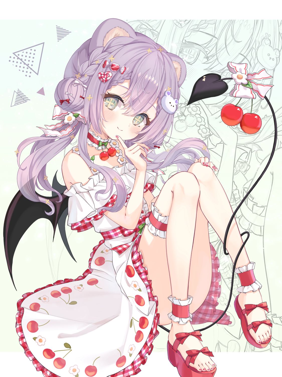 omo omochi zzz, original, character request, highres, 1girl, animal ears, anklet, bare shoulders, blush, bow, braid, cherry, cherry print, choker, closed mouth, demon girl, demon tail, demon wings, dress, food, food print, frilled choker, frills, fruit, fruit print, green eyes, hair between eyes, hair bun, hair ornament, jewelry, long hair, looking at viewer, off-shoulder dress, off shoulder, purple hair, sandals, smile, solo, tail, thigh strap, thighs, white dress, wings
