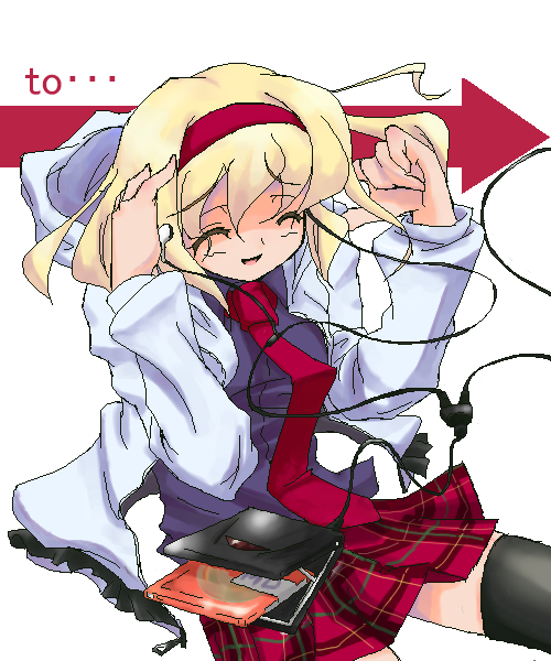 alice margatroid, touhou, 1girl, ^ ^, black thighhighs, blonde hair, blouse, closed eyes, female focus, necktie, plaid clothes, plaid skirt, purple shirt, shirt, skirt, solo, thighhighs