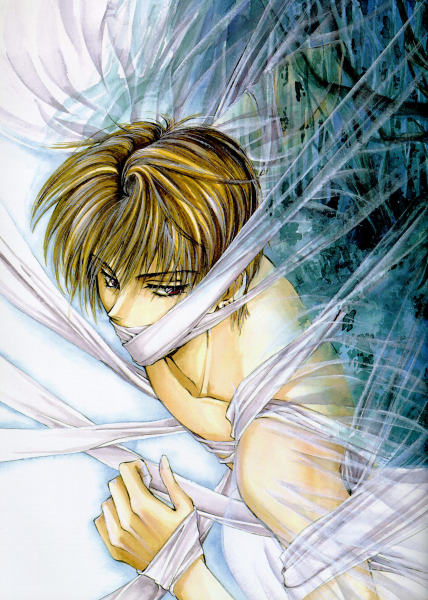 yuki kaori, mudou setsuna, angel cage, angel sanctuary, artbook, highres, 1boy, bandages, bdsm, blonde hair, bondage, bound, earrings, jewelry, male focus, red eyes, short hair, solo, topless male