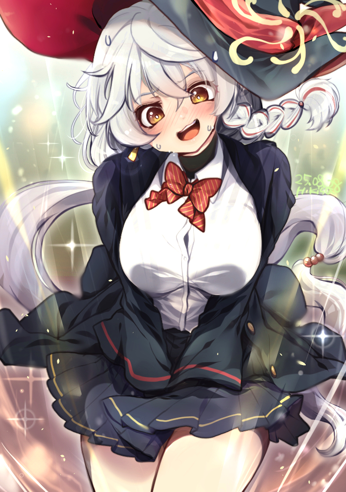 kisaragi fuuki, eri (blue archive), blue archive, 1girl, black coat, blush, bow, bowtie, breasts, brown halo, coat, crossed bangs, diagonal-striped bow, diagonal-striped bowtie, diagonal-striped clothes, embarrassed, halo, hat, large breasts, long hair, pleated skirt, red streaks, shirt, side halo, skirt, skirt tug, solo, striped bow, striped bowtie, striped clothes, sweat, tilted halo, two-sided fabric, two-sided headwear, white hair, white shirt, wind, wind lift, witch hat