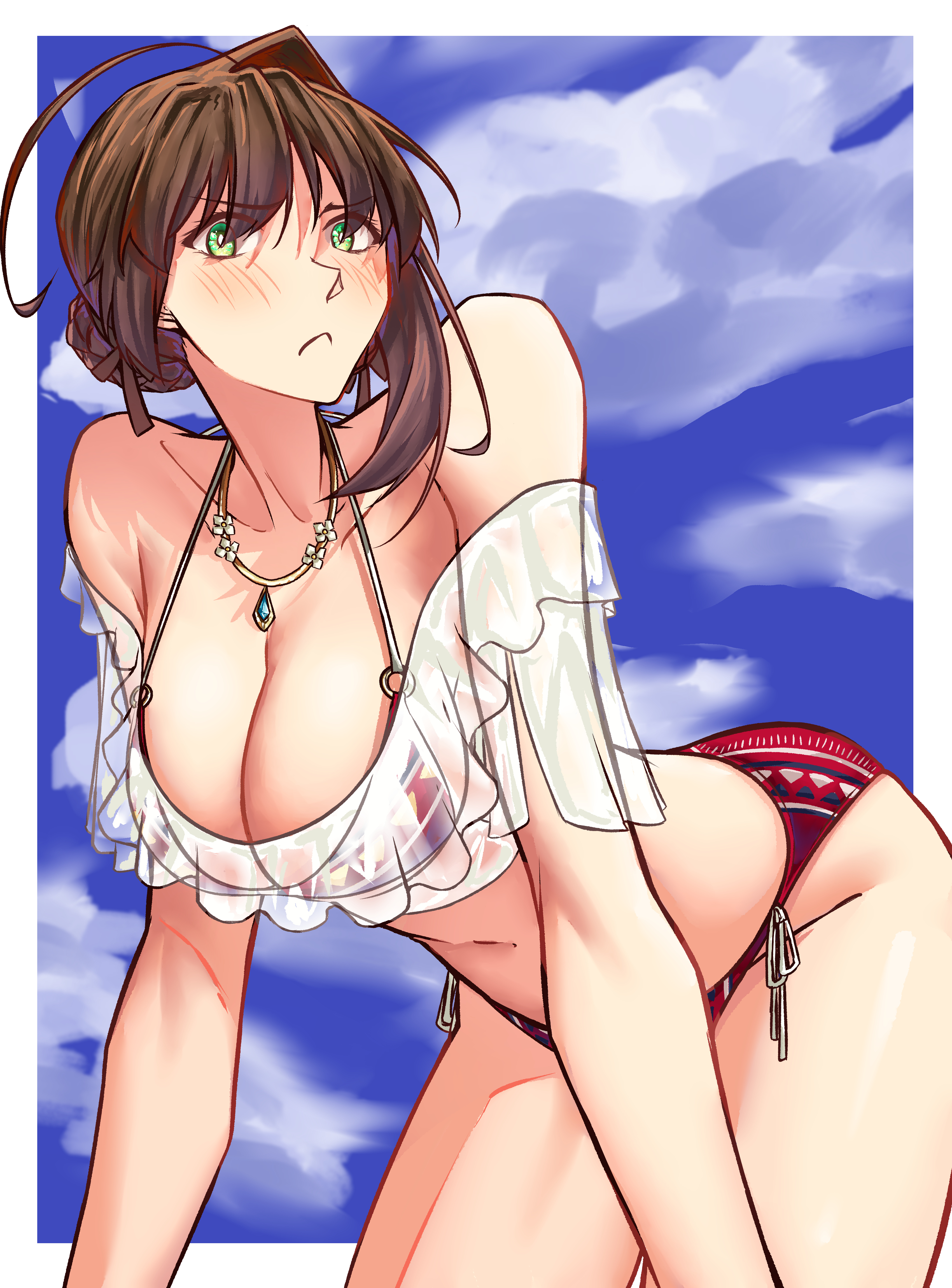 moren eh, duvalie, eiyuu densetsu, sen no kiseki (series), bending, absurdres, clothing request, commentary, english commentary, highres, 1girl, bikini, blue sky, blush, border, breasts, brown hair, bun with braided base, cleavage, cloud, collarbone, embarrassed, frown, green eyes, hair between eyes, hair bun, jewelry, large breasts, navel, necklace, short hair, single hair bun, sky, solo, stomach, swimsuit, white border