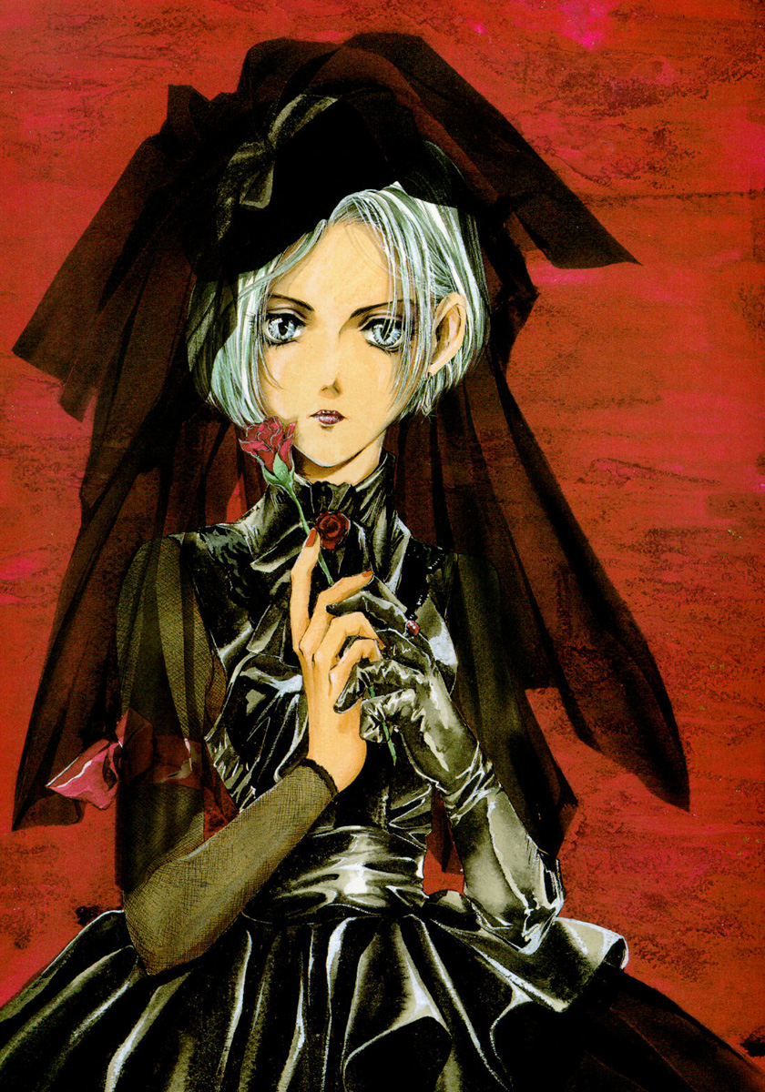 yuki kaori, kurai, angel cage, angel sanctuary, artbook, highres, 1girl, black dress, black gloves, bow, demon, dress, female focus, fishnets, flower, formal clothes, gloves, hat, jewelry, lipstick, makeup, red flower, red rose, ring, rose, single glove, solo, veil, white eyes, white hair