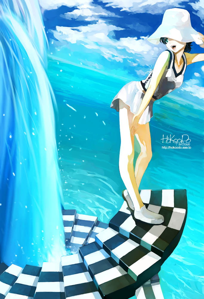 hokoodo, hoppang, original, black hair, green eyes, hat, legs, shoes, solo, water, waterfall, white shoes
