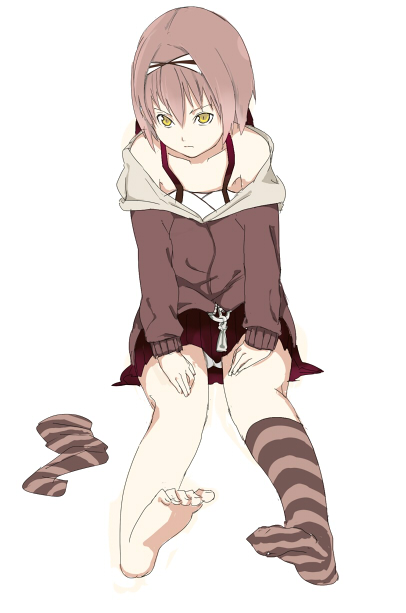 nik ibi, original, 1girl, barefoot, brown hair, dressing, feet, female focus, panties, patterned legwear, short hair, single sock, socks, soles, solo, striped clothes, striped socks, toes, underwear, yellow eyes