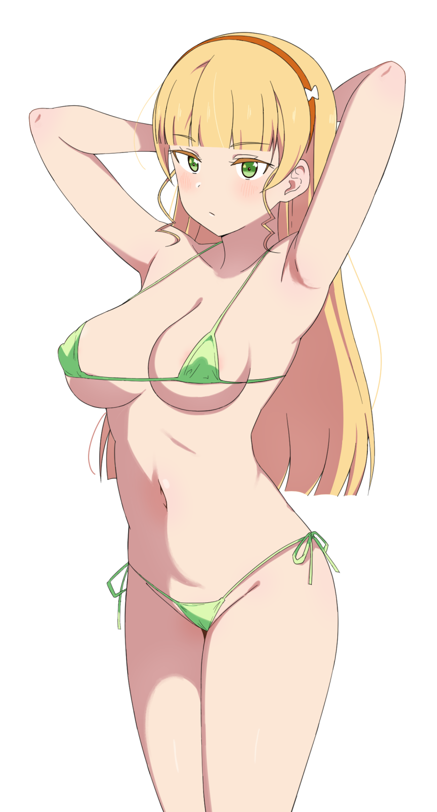 goa1126, heanna sumire, love live!, love live! superstar!!, highres, 1girl, armpits, arms behind head, bikini, blonde hair, blunt bangs, breasts, green bikini, green eyes, hairband, large breasts, legs together, long hair, looking at viewer, micro bikini, navel, orange hairband, side-tie bikini bottom, simple background, solo, standing, straight hair, swimsuit, white background