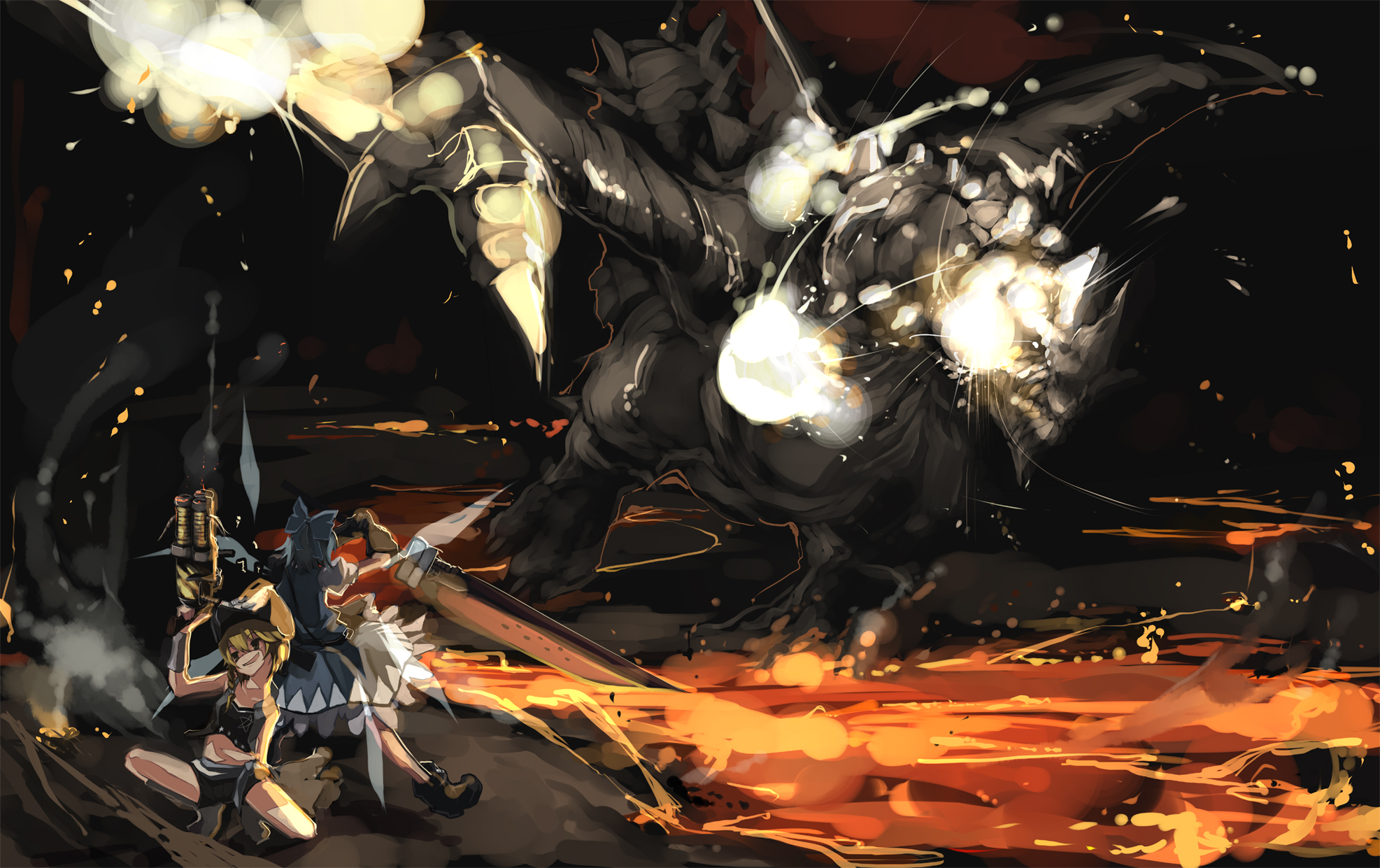 shimadoriru, cirno, gravios, kirisame marisa, advent cirno, capcom, monster hunter (series), touhou, highres, 2girls, alternate costume, blonde hair, blue bow, blue hair, boots, bow, crossover, dragon, explosion, fighting stance, hair bow, lava, multiple girls, short hair, sword, weapon, wings