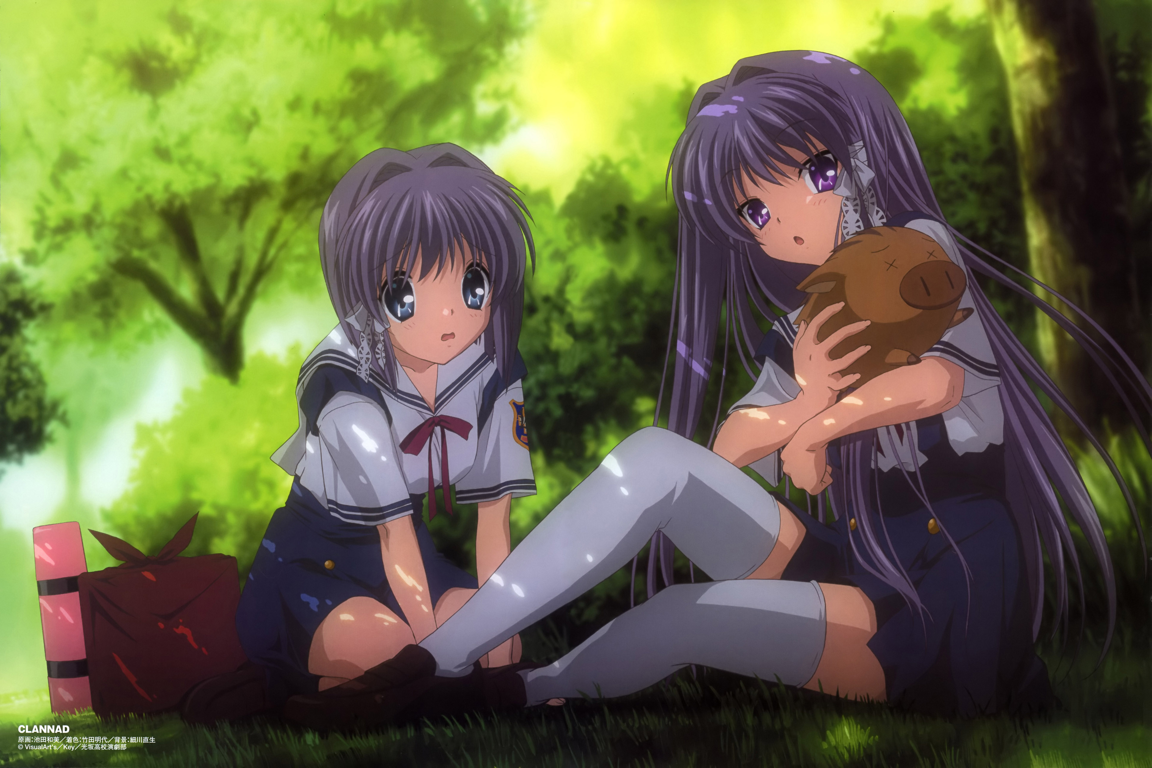 ikeda kazumi, botan (clannad), fujibayashi kyou, fujibayashi ryou, clannad, absurdres, highres, official art, scan, 00s, 2girls, dappled sunlight, hair ribbon, multiple girls, purple hair, ribbon, school uniform, serafuku, siblings, sisters, sunlight, thighhighs, twins, zettai ryouiki
