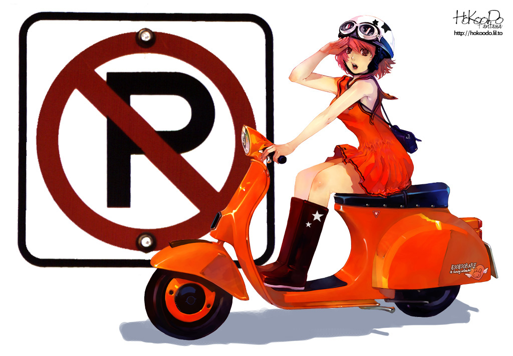 hokoodo, hoppang, original, vespa, vehicle, 1girl, boots, dress, female focus, looking at viewer, motor vehicle, red eyes, red hair, salute, scooter, simple background, solo, sundress