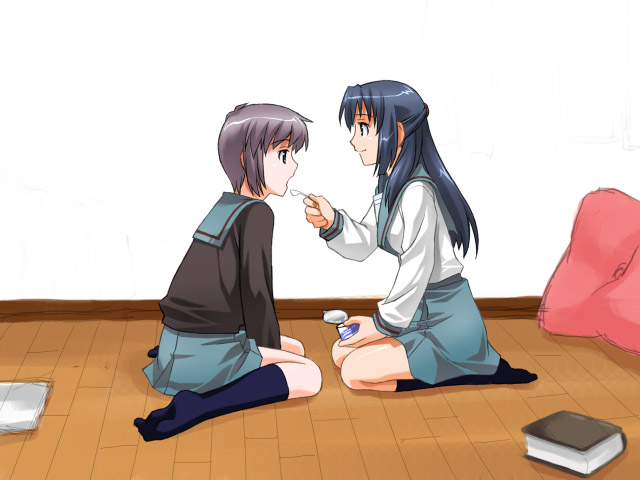 umekichi, asakura ryoko, nagato yuki, suzumiya haruhi no yuuutsu, 00s, 2girls, feeding, half updo, kneehighs, multiple girls, school uniform, serafuku, socks, wooden floor