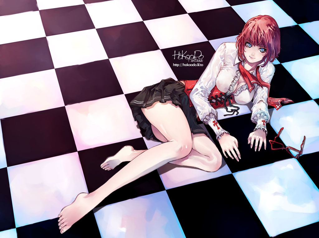 hokoodo, hoppang, original, 1girl, ass, barefoot, blue eyes, breasts, checkered floor, cleavage, corset, feet, female focus, floor, glasses, large breasts, legs, long legs, lying, on floor, on side, perspective, red-framed eyewear, red hair, scarf, short hair, skirt, smile, solo, unworn eyewear