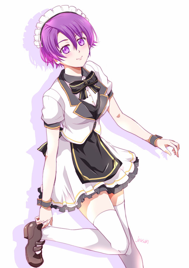 xiacheng tatsuya, kloe rinz, eiyuu densetsu, sora no kiseki, 1girl, artist name, black bow, black bowtie, black wrist cuffs, bow, bowtie, breasts, cropped jacket, hair between eyes, looking at viewer, maid headdress, mary janes, medium breasts, over-kneehighs, parted bangs, purple eyes, purple hair, shadow, shoes, short hair, simple background, skirt, smile, socks, solo, standing, standing on one leg, thighhighs, waitress, white background, white socks, wrist cuffs
