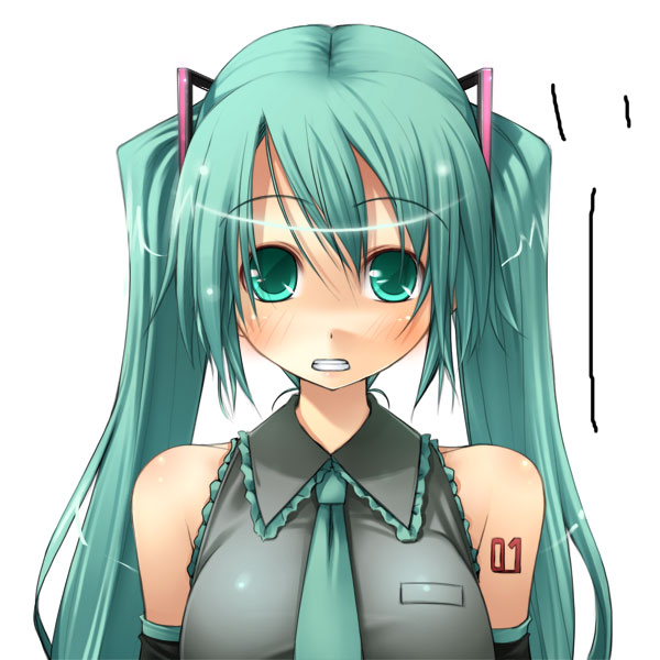 jirou (chekoro), hatsune miku, vocaloid, 1girl, aqua eyes, aqua hair, blush, clenched teeth, female focus, necktie, solo, teeth, twintails