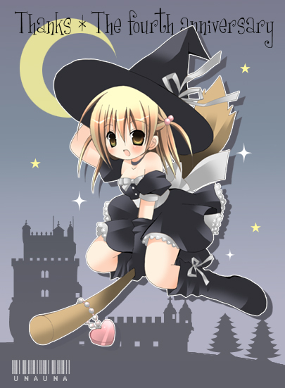unauna, original, 1girl, :d, badge, bare shoulders, black boots, blonde hair, blush, boots, broom, broom riding, brown eyes, choker, collarbone, crescent moon, female focus, full body, hat, heart, knee boots, looking at viewer, looking back, moon, open mouth, smile, solo, witch, witch hat