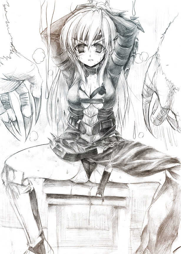asaga aoi, espinas, capcom, monster hunter (series), monster hunter frontier, 1girl, angry, armor, arms up, bdsm, belt, blush, bondage, boots, bound, breasts, chain, chair, choker, claws, cleavage, female focus, furry, furry male, furry with non-furry, headband, imminent rape, interspecies, knee boots, long hair, medium breasts, monochrome, monster, open clothes, open mouth, open shirt, panties, pantyshot, pov, pussy juice, saliva, shirt, sitting, sketch, solo, solo focus, spikes, spread legs, strap, sweat, tears, torn clothes, underwear