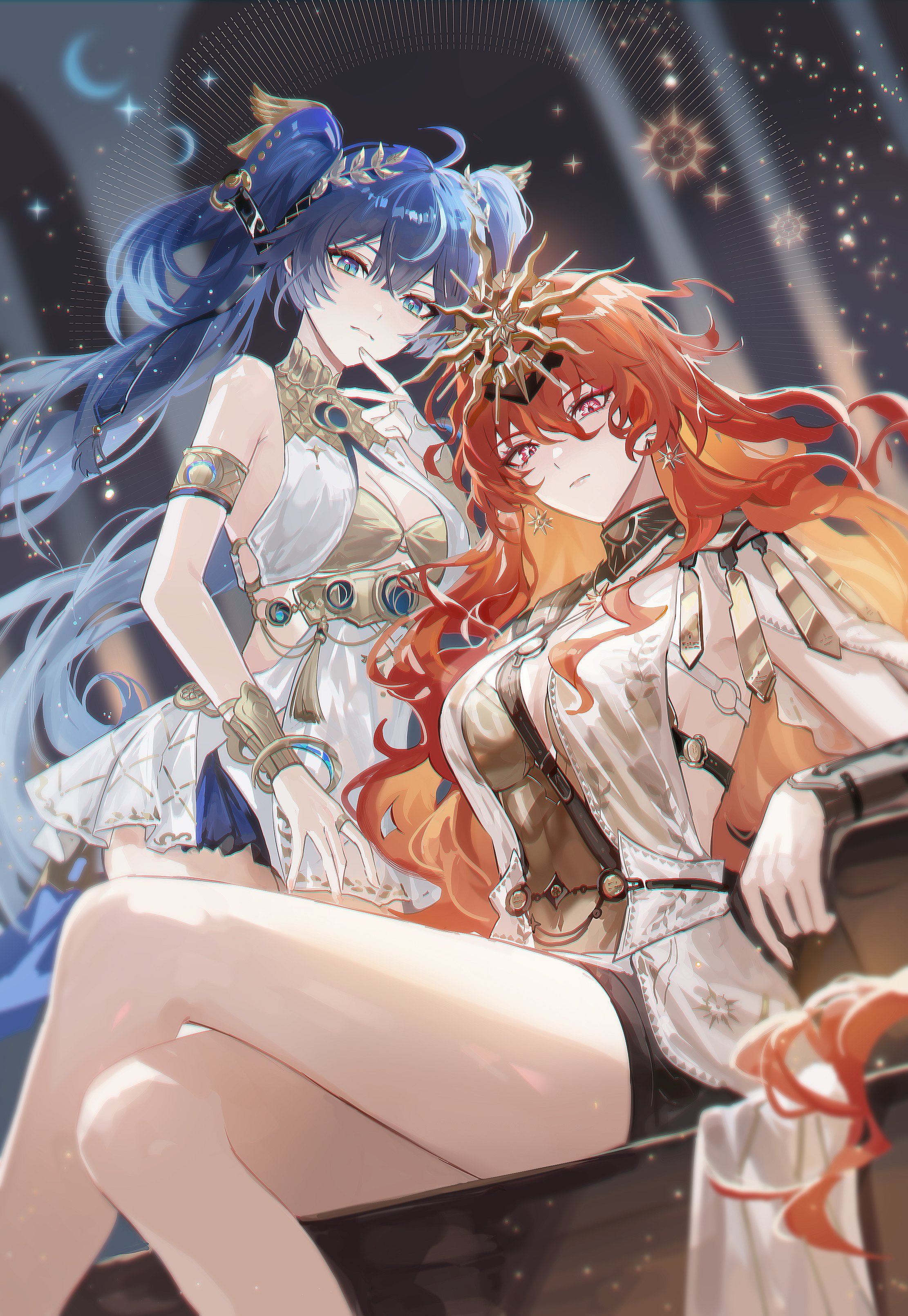 fractalmagnolia, augusta (wuthering waves), iuno (wuthering waves), wuthering waves, absurdres, commentary, highres, symbol-only commentary, 2girls, ahoge, ancient greek clothes, armlet, armor, bare shoulders, black collar, blue eyes, blue hair, breastplate, breasts, closed mouth, collar, colored inner hair, crossed legs, dress, earrings, gold bra, gradient hair, greco-roman clothes, hair belt, hair between eyes, hand up, head wreath, headgear, jewelry, long hair, looking at viewer, medium breasts, multicolored hair, multiple girls, orange hair, red eyes, sitting, streaked hair, sun earrings, sun necklace, thighs, very long hair, white dress