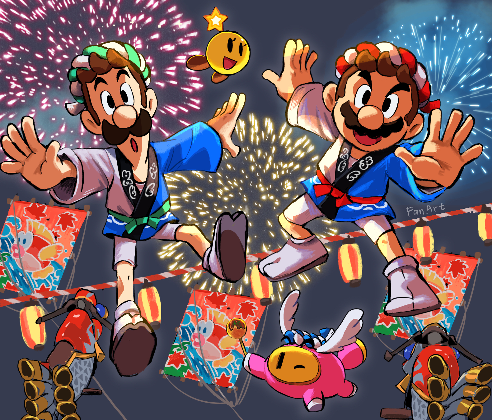 yamari (ya mari 6363), luigi, mario, snoutlet (mario), starlow, mario & luigi rpg, mario (series), nintendo, highres, 2boys, black eyes, boots, brown boots, brown hair, fireworks, full body, grey background, japanese clothes, jumping, looking at viewer, male focus, masanori sato (style), multiple boys, open mouth, outstretched arms, short hair, shorts, smile, tabi, white shorts, wide sleeves